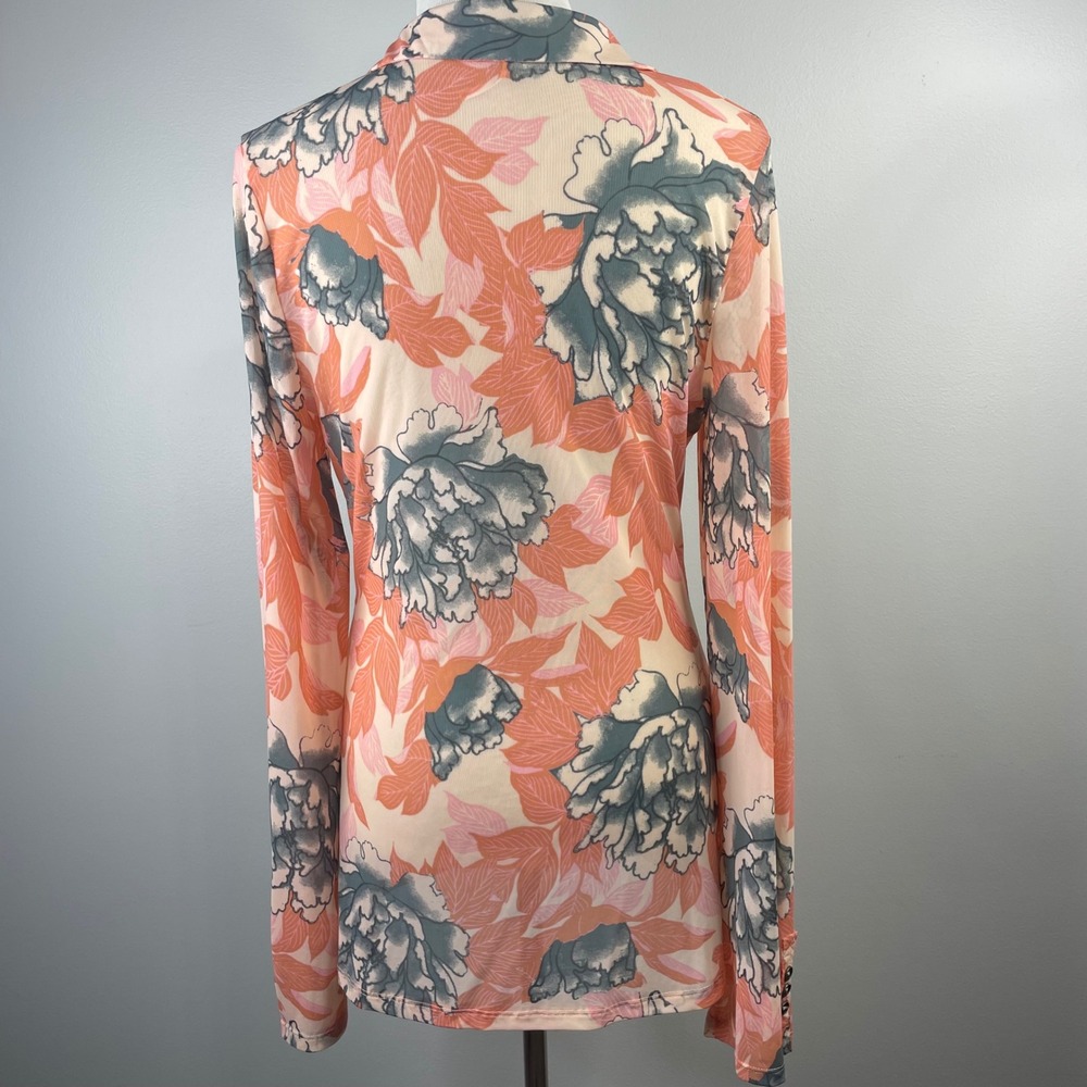 Free People Lucky Shirtee Floral Mesh Ruched‎ Button Front Long Sleeve Top Large - Picture 8 of 15